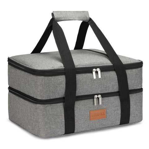 Uoxfill insulated lunch bag capacity shows two 9x13 pans ready for transport
