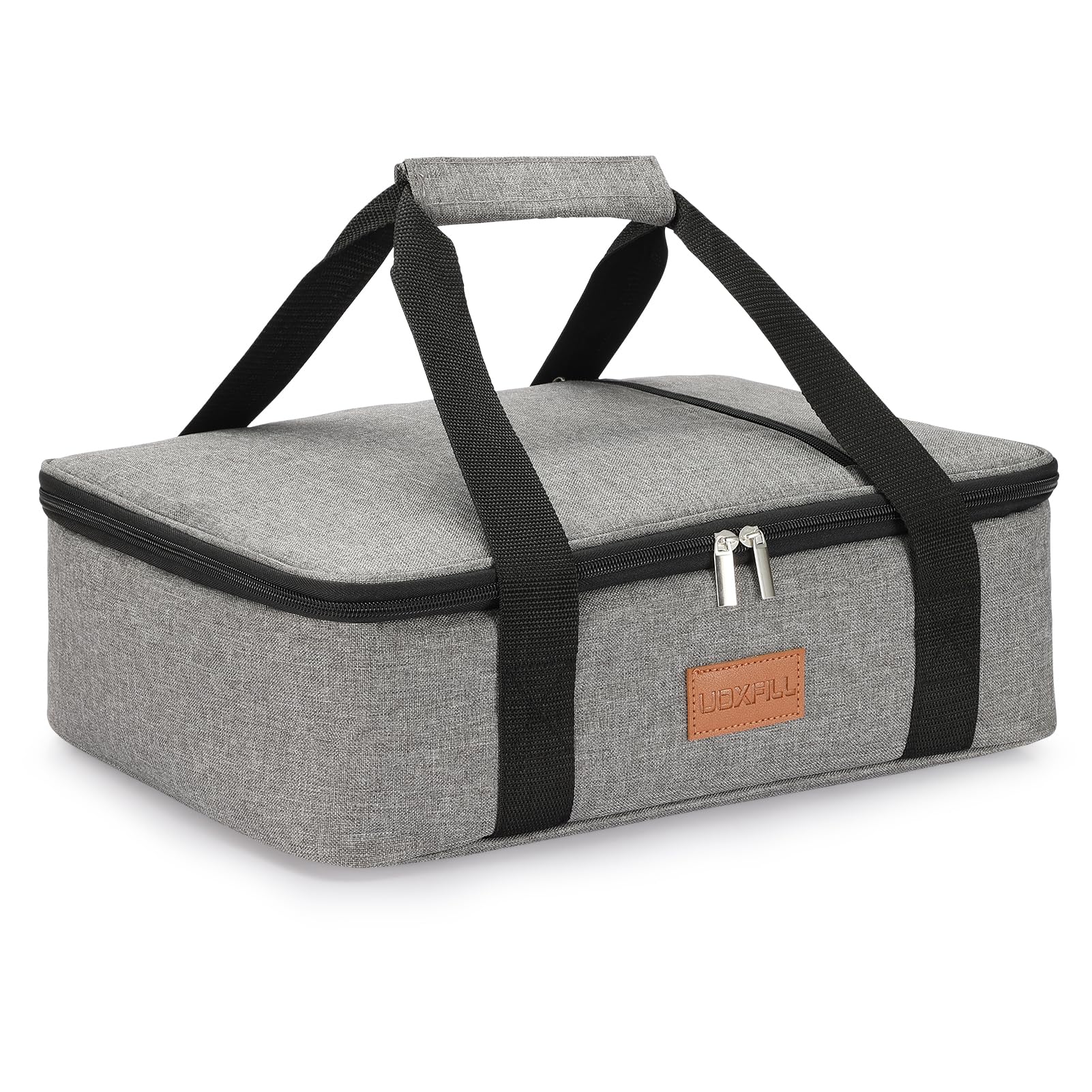 Uoxfill insulated lunch bag keeps meals warm or cool during travel.