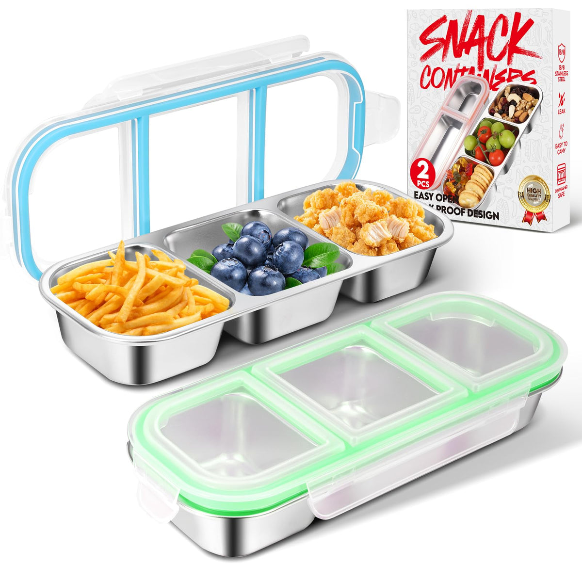 UPABLUNSO 2-pack stainless steel snack containers in blue and green keep snacks organized and fresh.