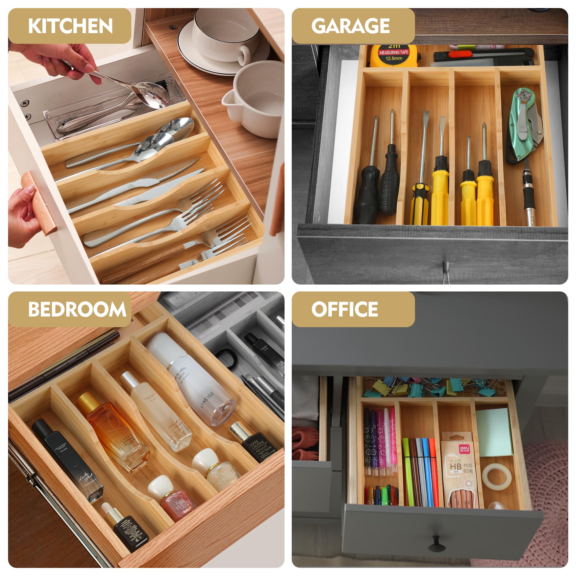 Upassion kitchen scene shows organized drawers with the bamboo organizer