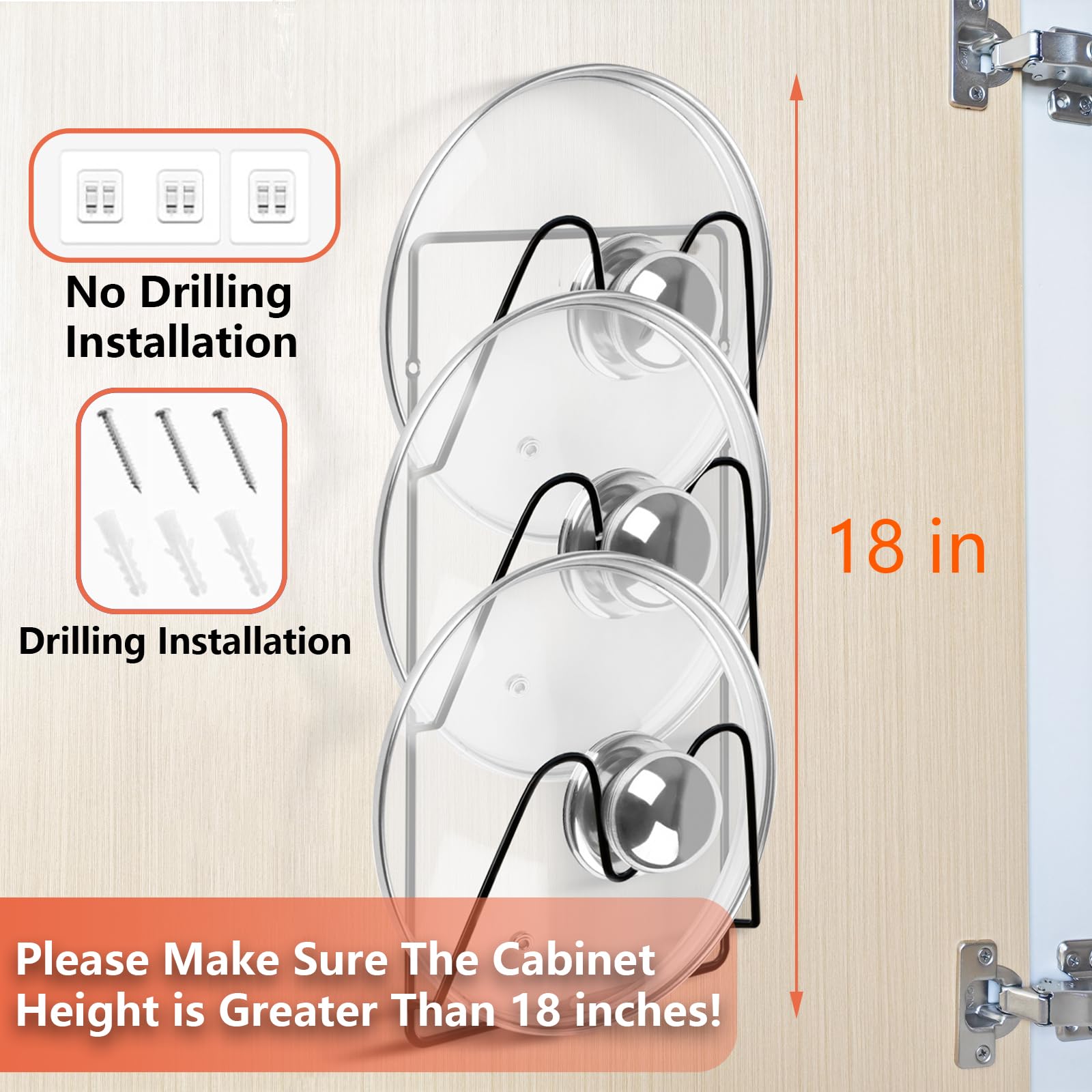 UpChoNice adhesive wall mount lid organizer secures to smooth surfaces without drilling.