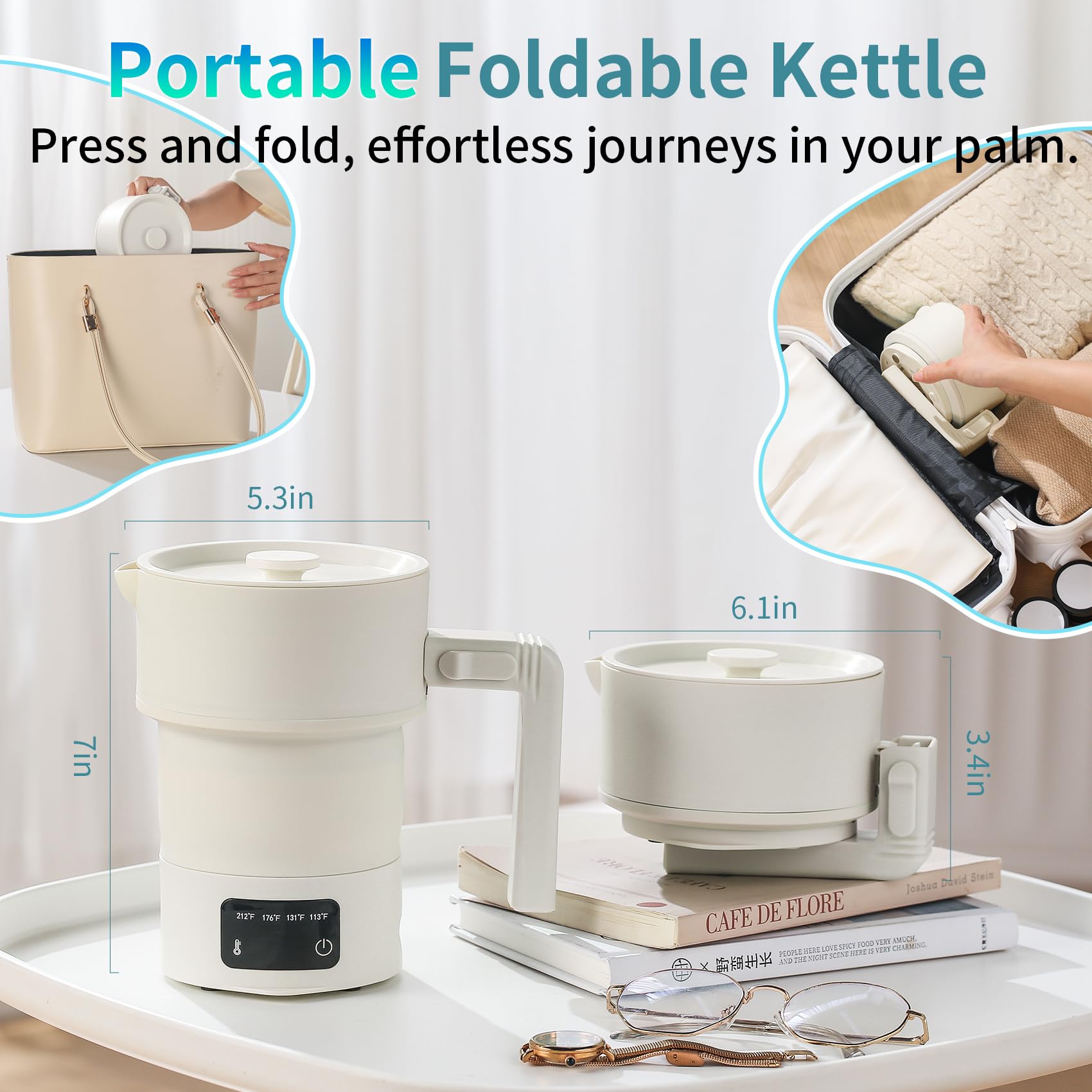 UPEZAN travel kettle with four temperature presets for tea and coffee.