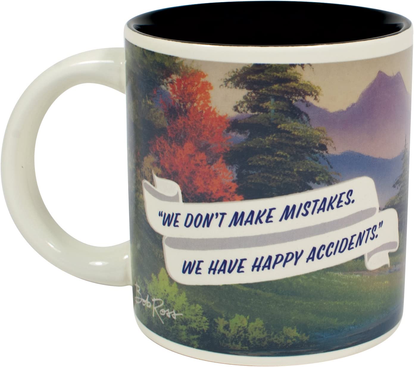 Microwave-safe heat activation on the Bob Ross mug for quick warmth.