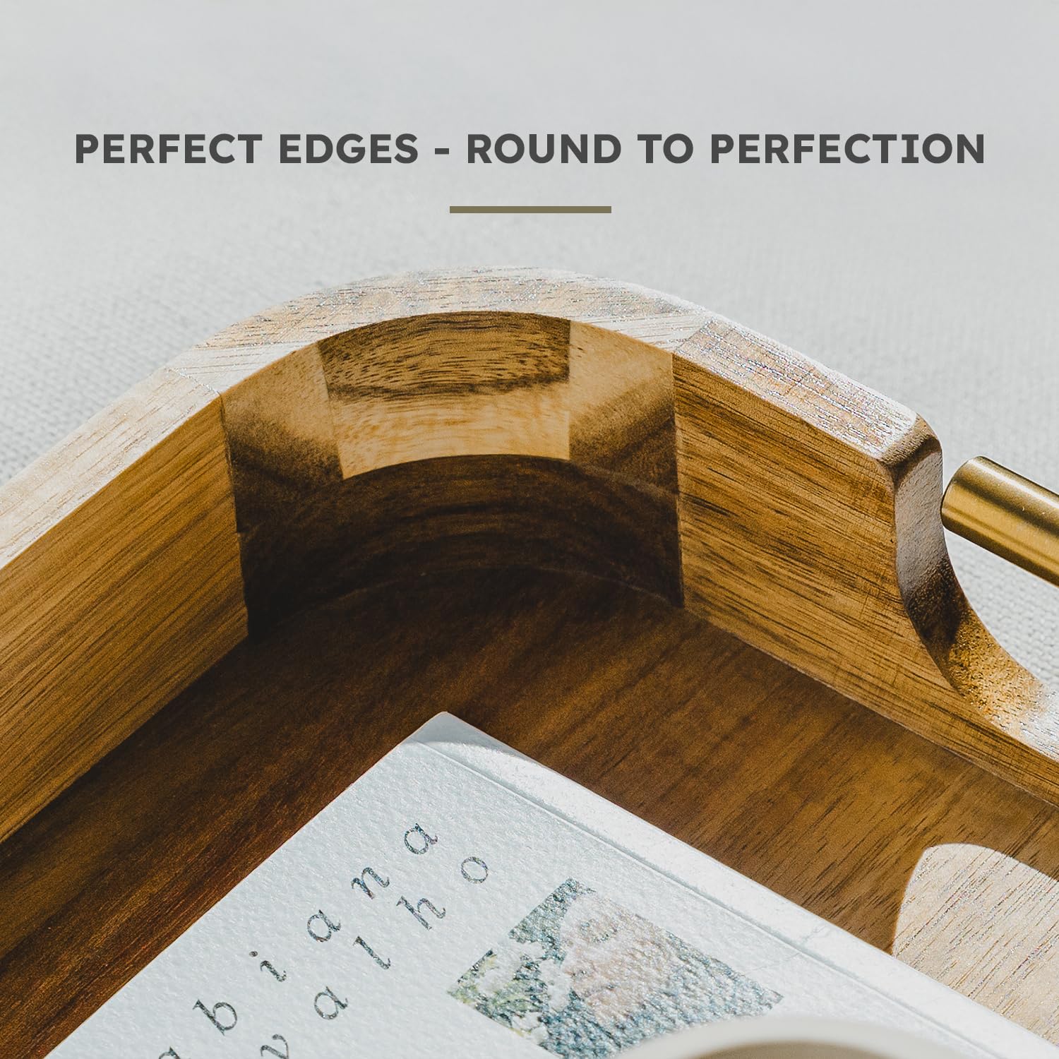 Upper Acacia wood coffee table tray with rounded edges for safe daily use.