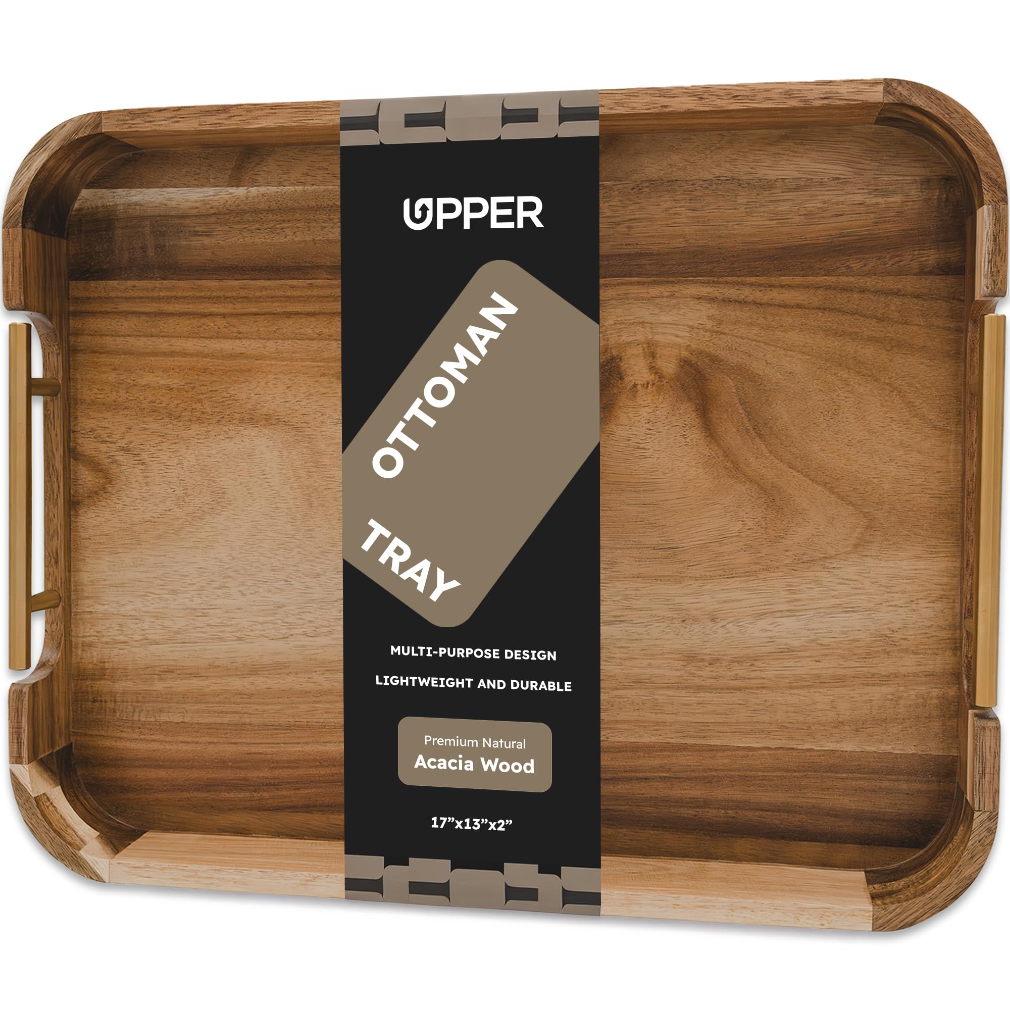 Upper Acacia wood ottoman tray with handles for stylish coffee table service.