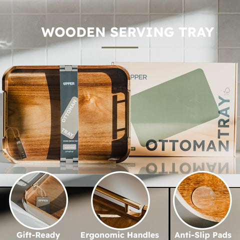 Upper Acacia wood serving tray with brass handles for organized entertaining.