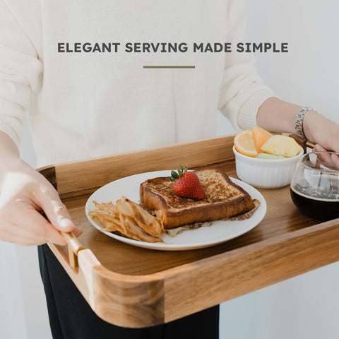 Upper Acacia wood tray with varnish finish that resists stains for everyday use.