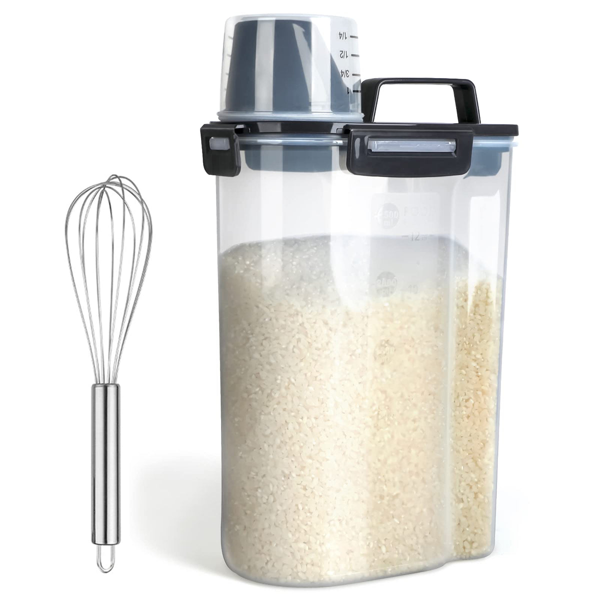 Uppetly rice storage container with pour spout for easy serving.