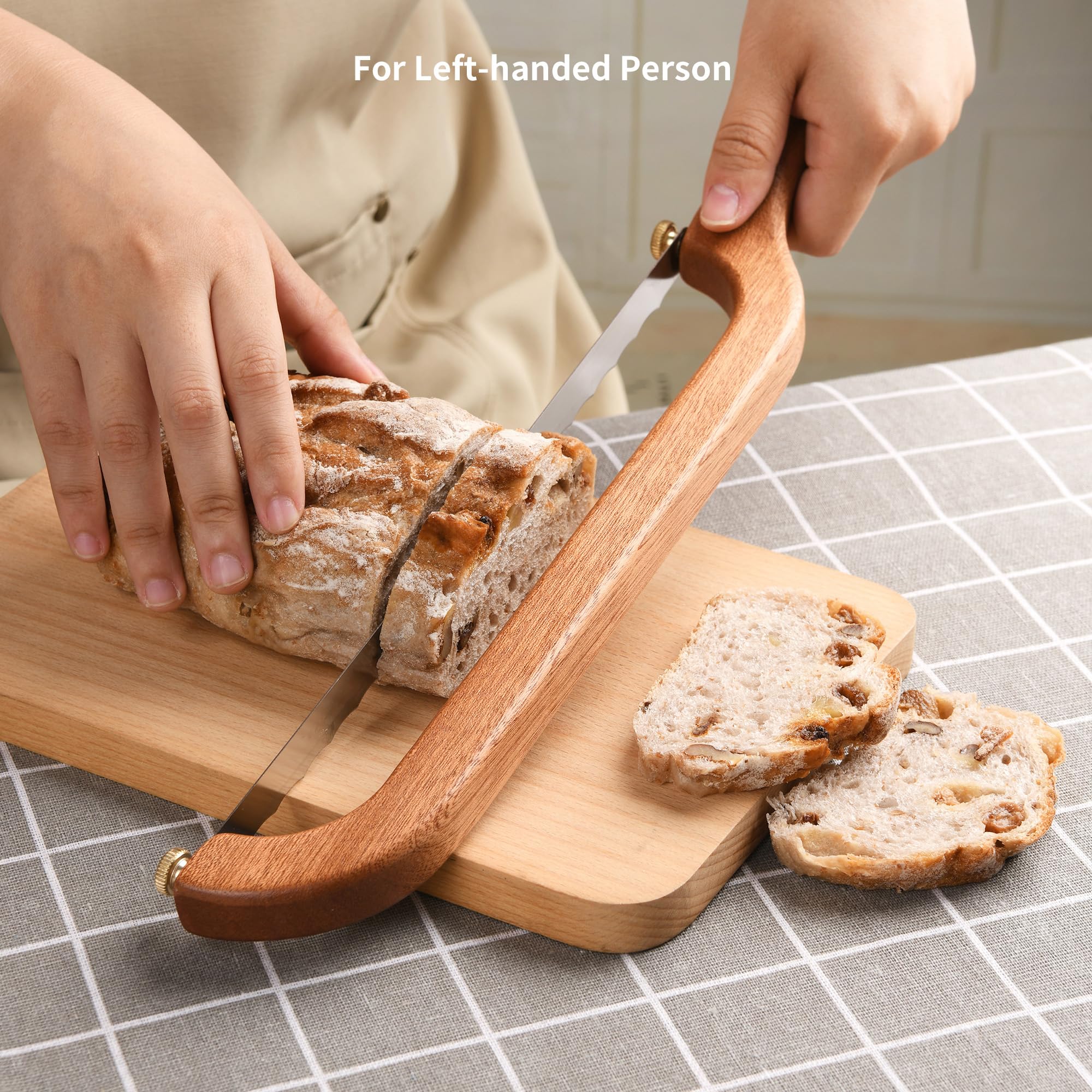 Uprichya crusty bread slicing action glides with control.