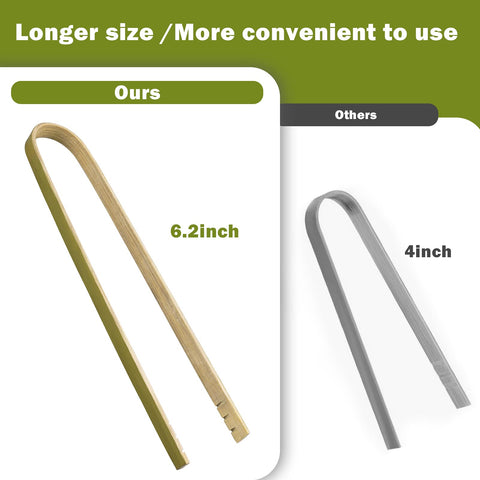 Closeup of Uprony 6.2 inch bamboo tongs showing lightweight, sturdy design.
