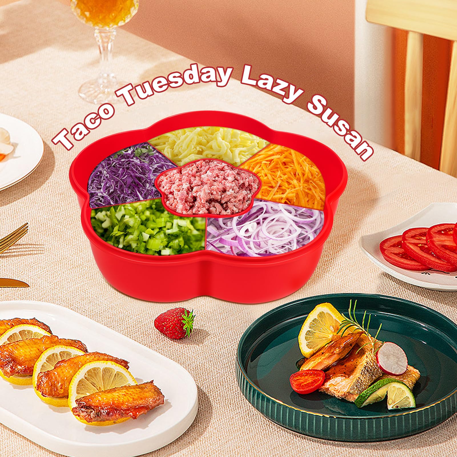 Uprony taco bar supplies with multiple compartments to organize toppings