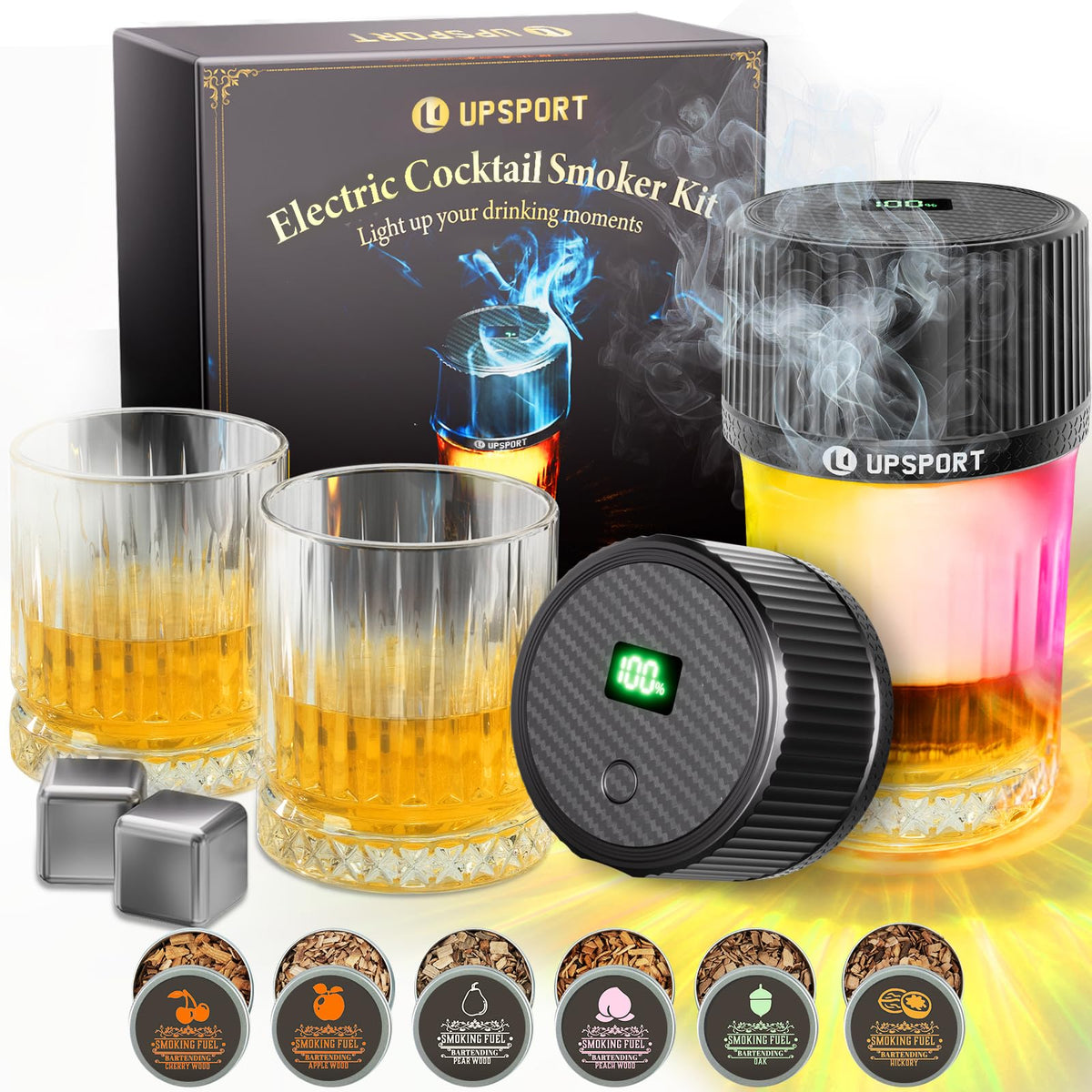 UPSPORT Electric Whiskey Smoker Kit box display, ideal for gifting and home bartending.