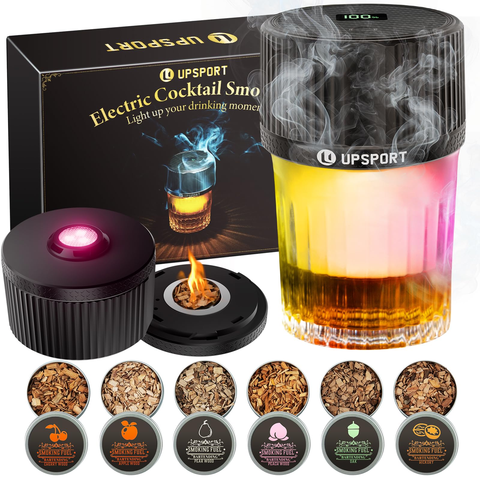 Upsport electric whiskey smoker kit front view for stylish home bar setups.