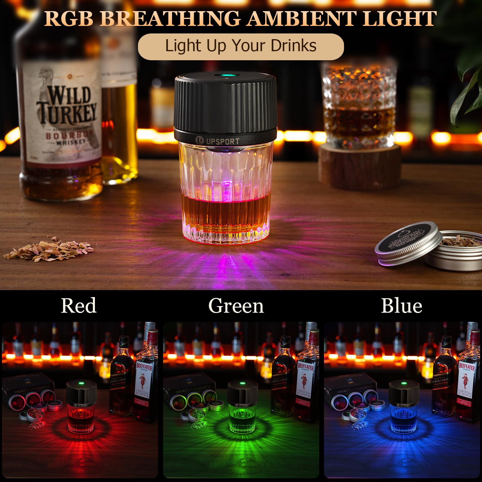 Upsport smoker with LED light modes creates engaging tasting ambience.