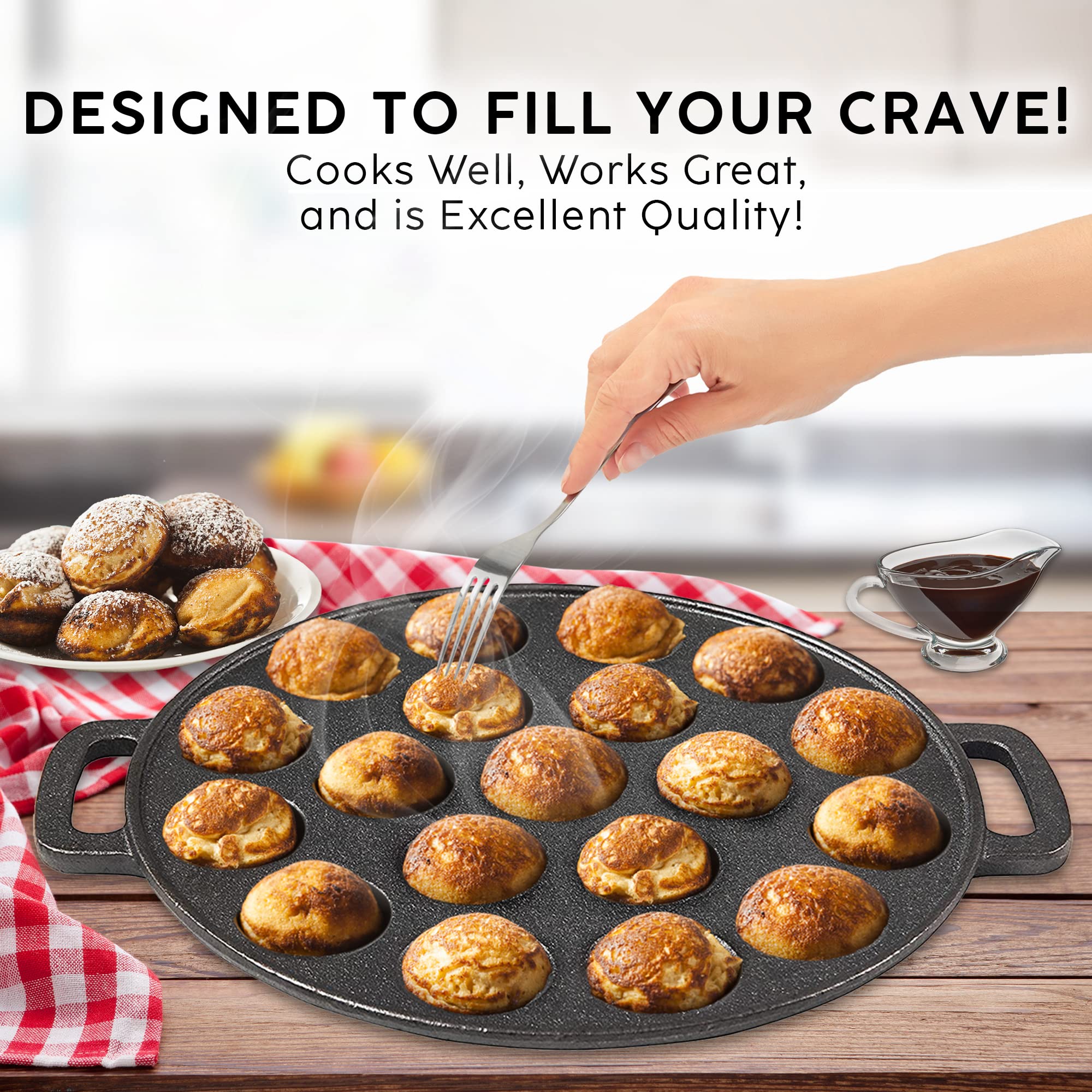 Upstreet aebleskiver pan with ergonomic handle for safe flipping.