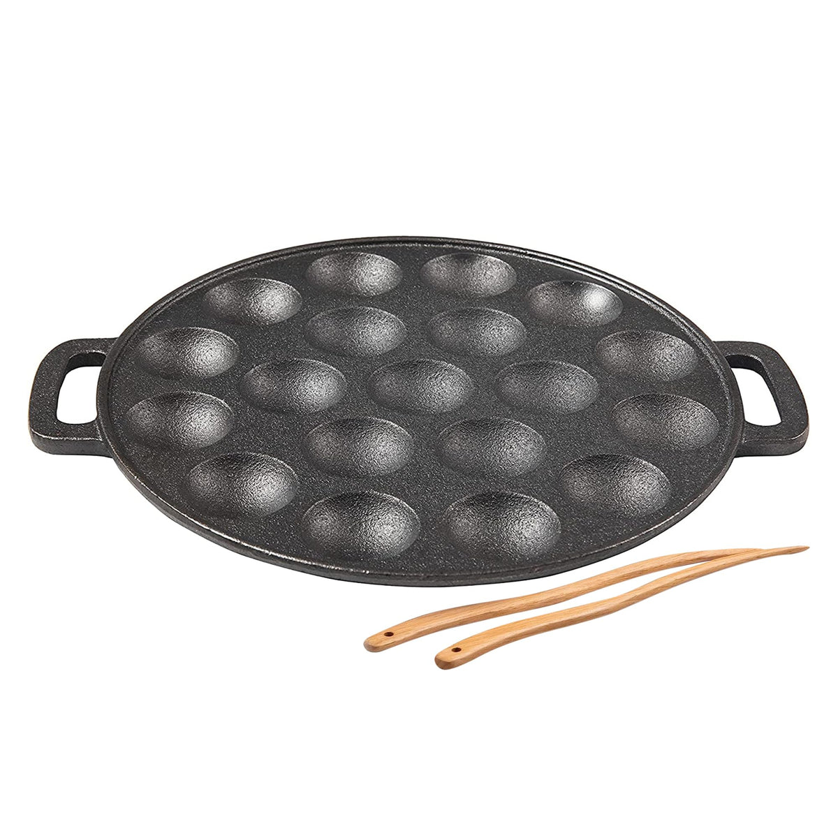 Upstreet cast iron aebleskiver pan, 19-hole, for even browning of ebelskivers.