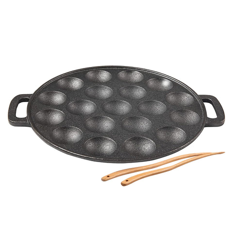 Upstreet cast iron aebleskiver pan, 19-hole, for even browning of ebelskivers.