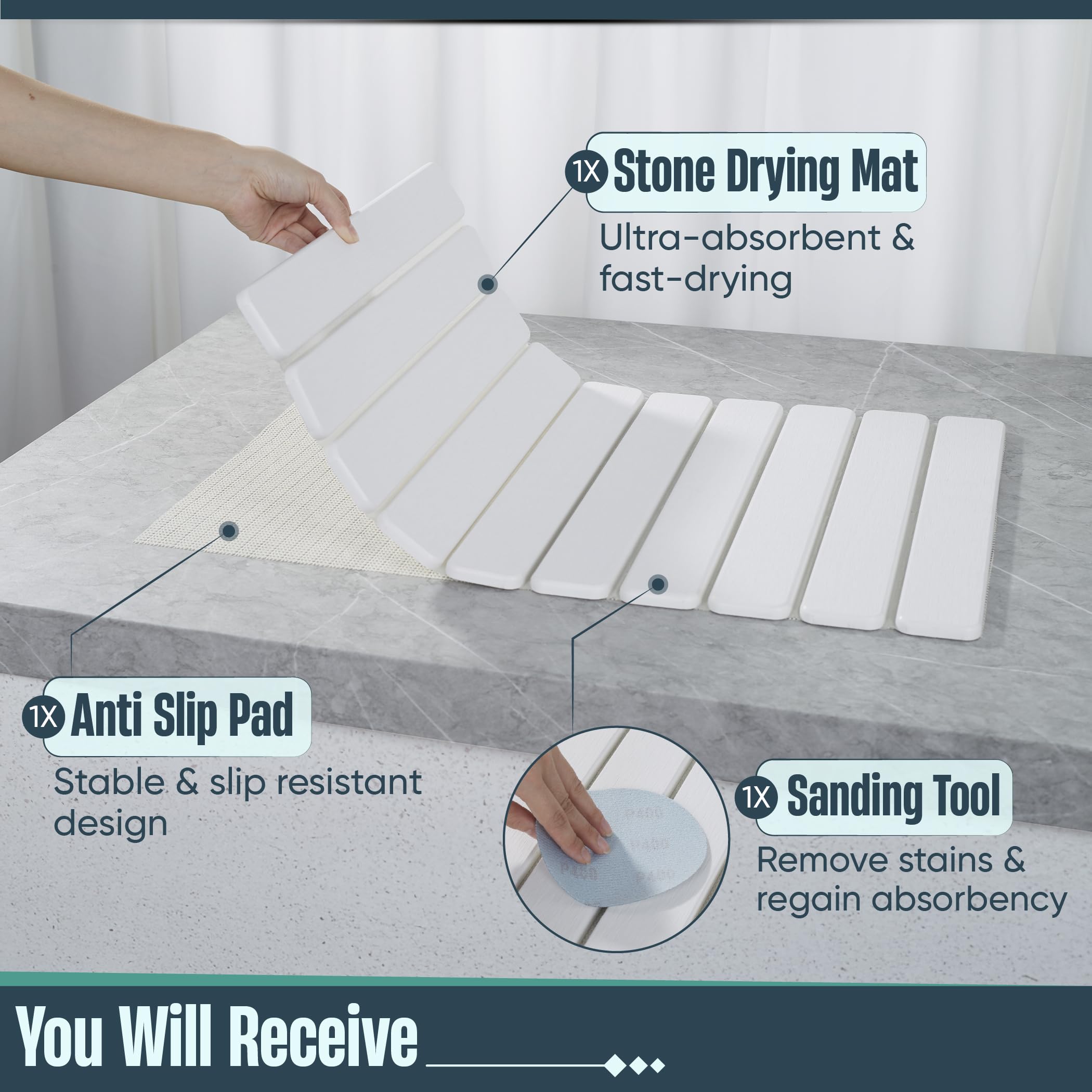 UPTIMAZ Stone Drying Mat folded for compact cabinet storage