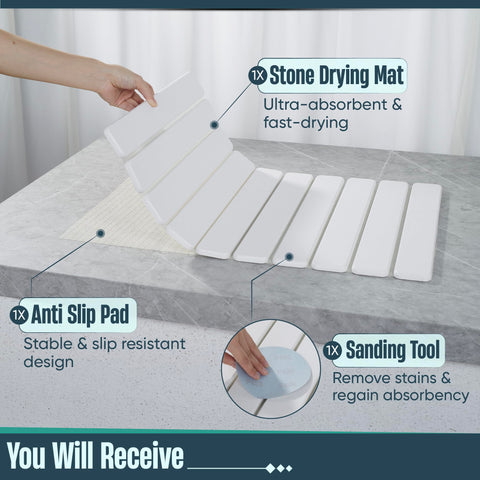 UPTIMAZ Stone Drying Mat folded for compact cabinet storage