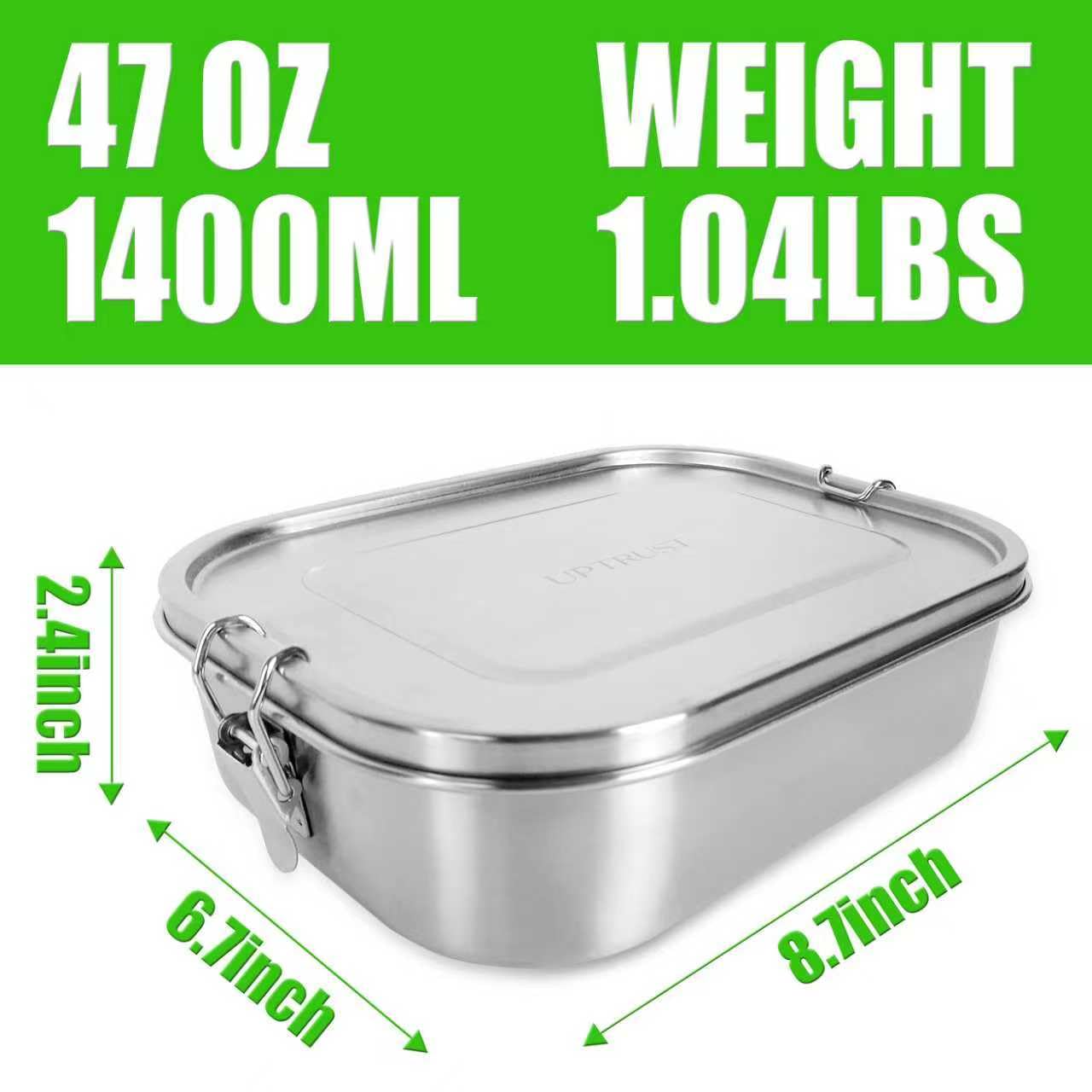 UPTRUST bento lid close-up shows lockable clips and silicone seal.