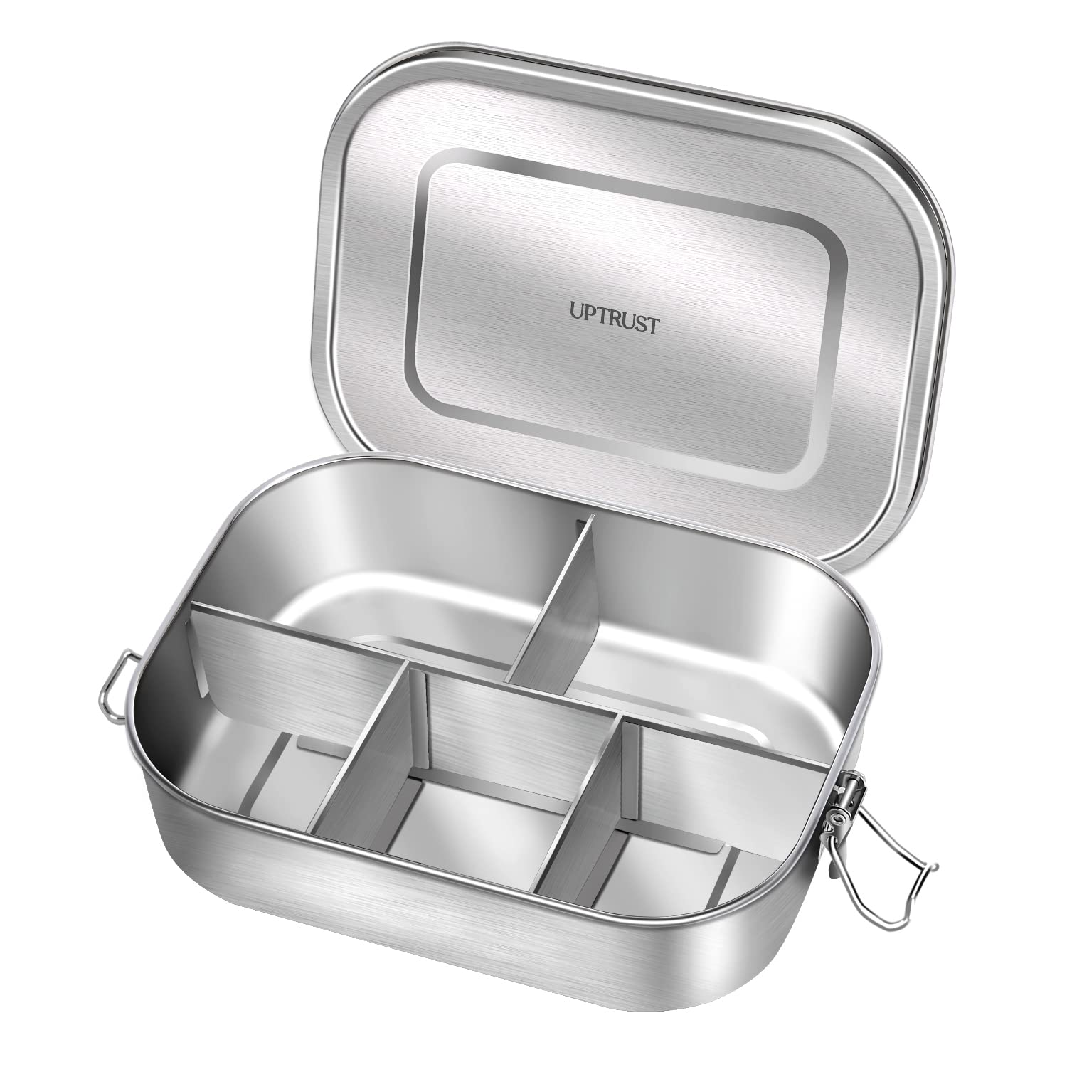 UPTRUST stainless steel bento box outer view with secure clips for travel.