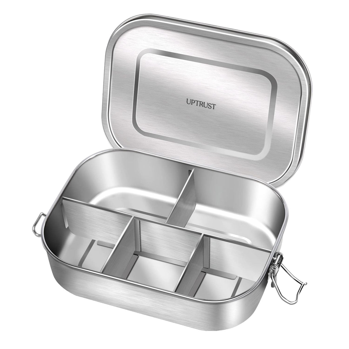 UPTRUST stainless steel bento box outer view with secure clips for travel.