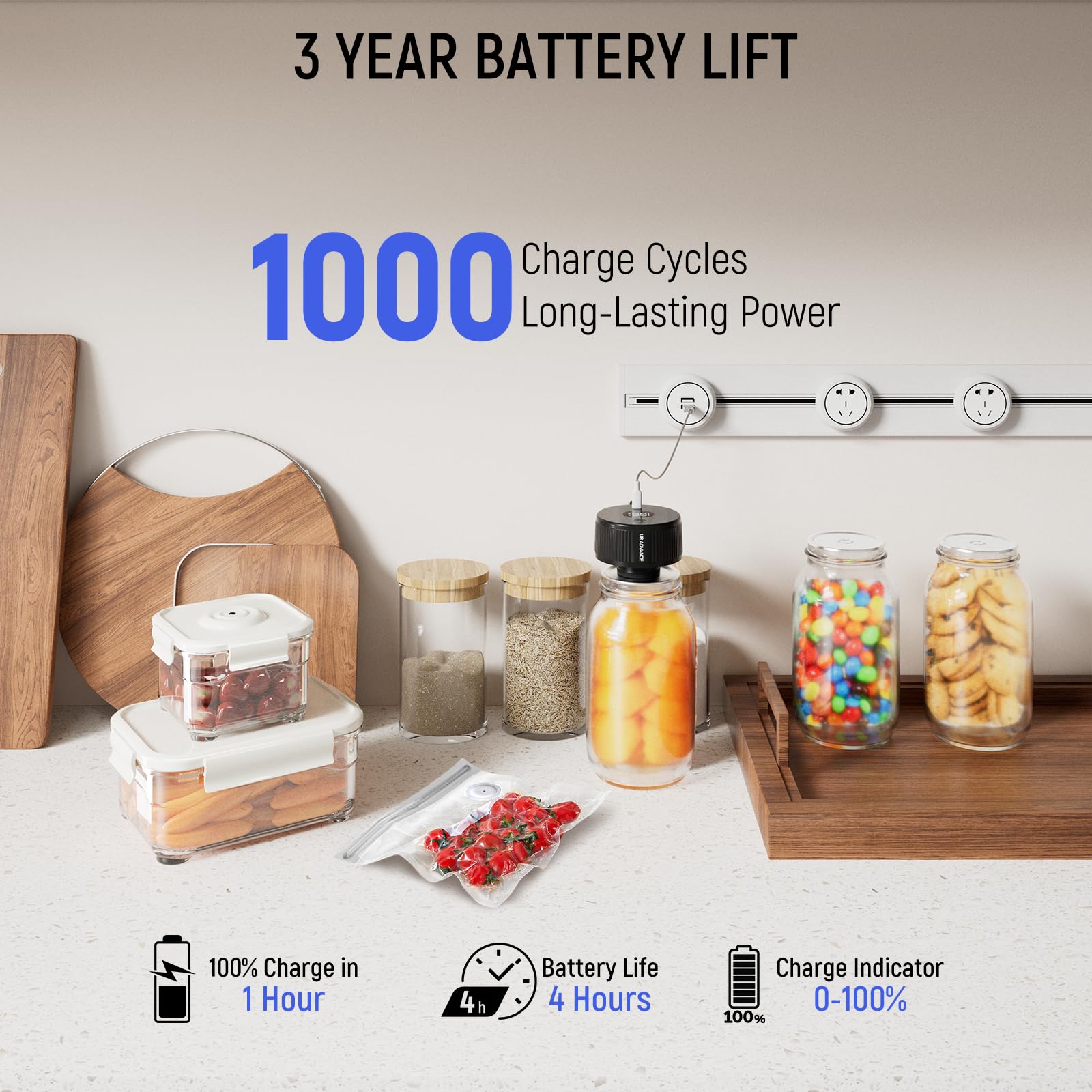 UR ADVANCE 4-hour battery life illustration for cordless sealing on the go.
