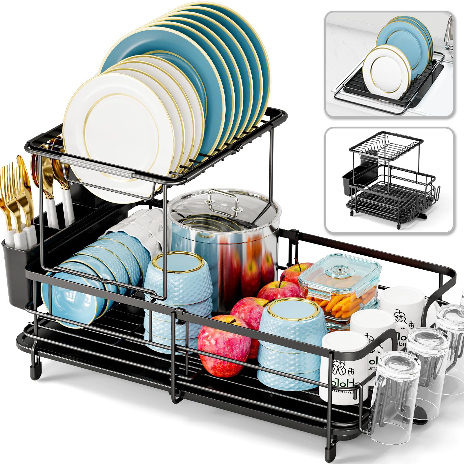 Urackify 2-tier dish drying rack extended over sink for large cookware.