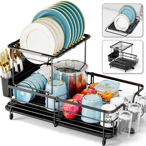 Urackify 2-tier dish drying rack extended over sink for large cookware.