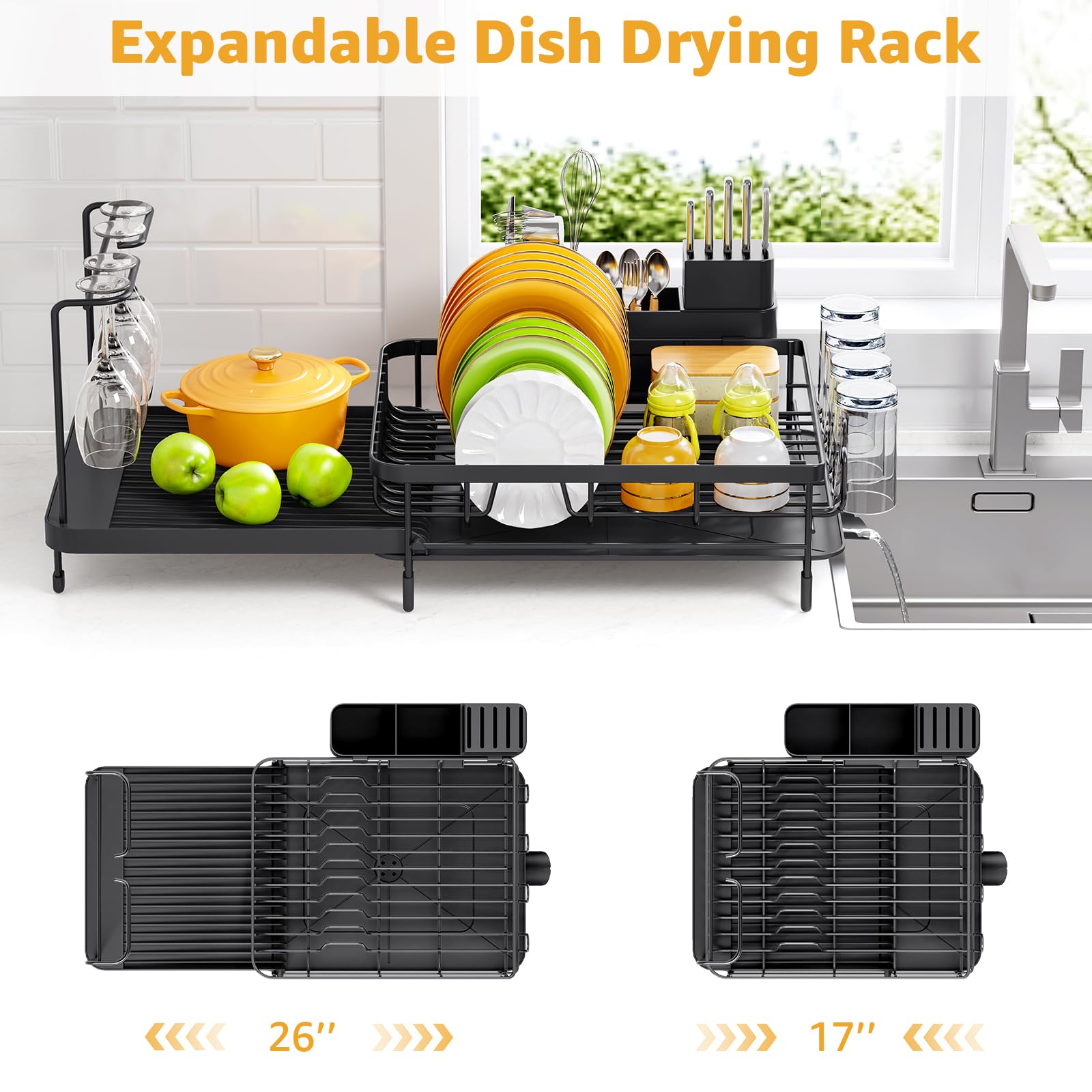 Urackify dish drainer with integrated drainboard preventing counter pooling.