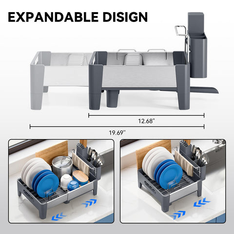 Urackify dish drainer with drip tray and spout directing water into the sink.