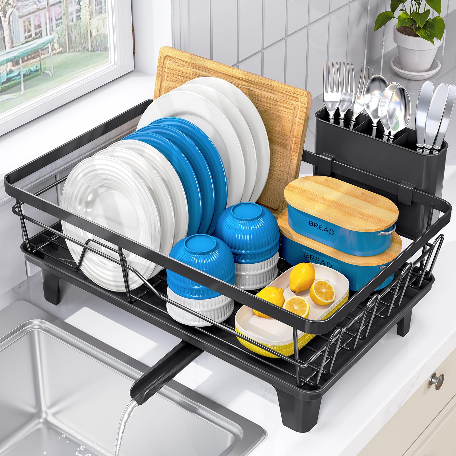 Urackify dish drainer with large capacity keeps plates and bowls organized on the counter.