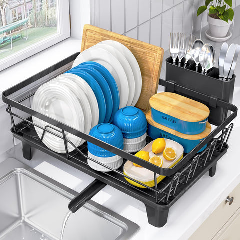Urackify dish drainer with large capacity keeps plates and bowls organized on the counter.