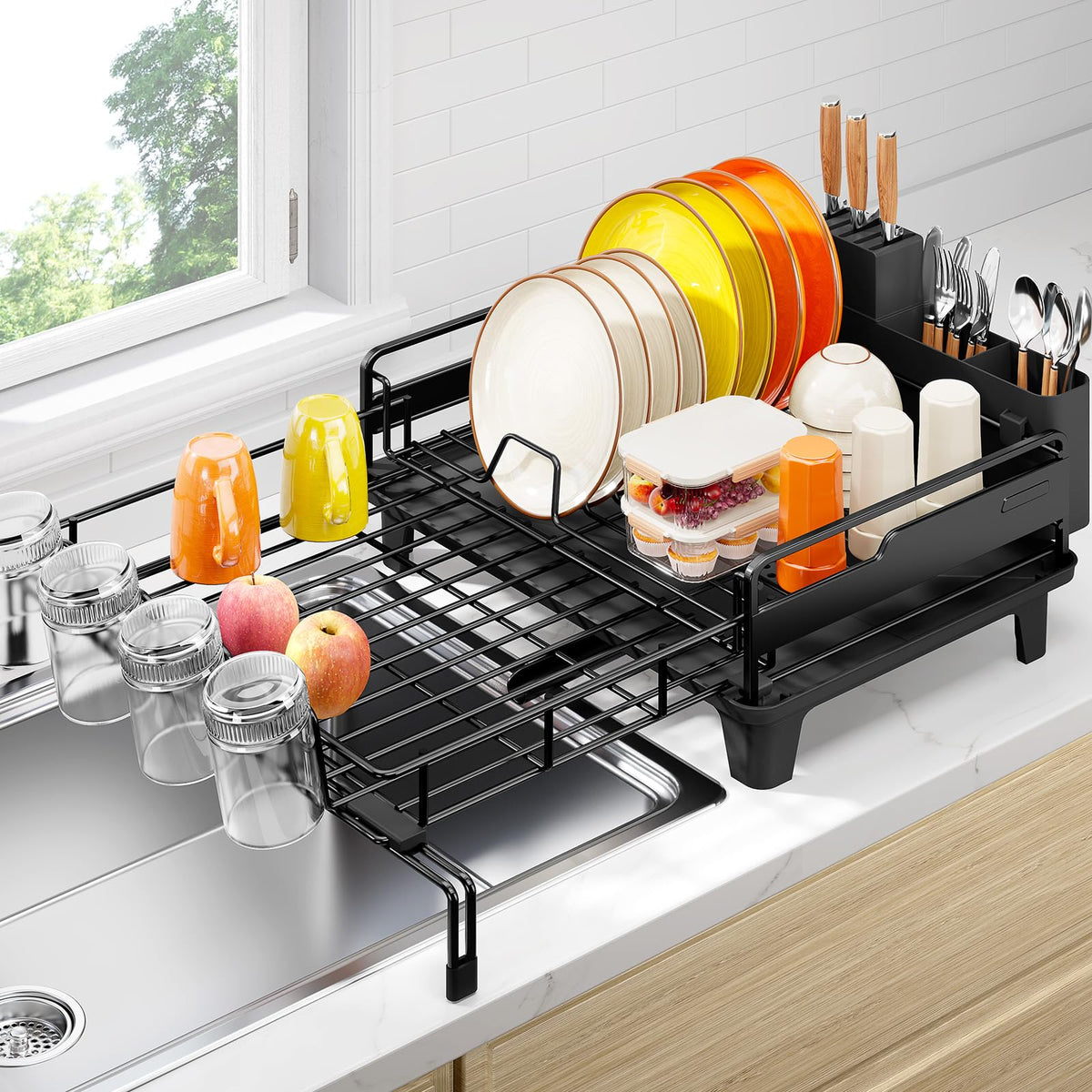 Urackify extendable dish drying rack shows length expansion for more dish capacity.