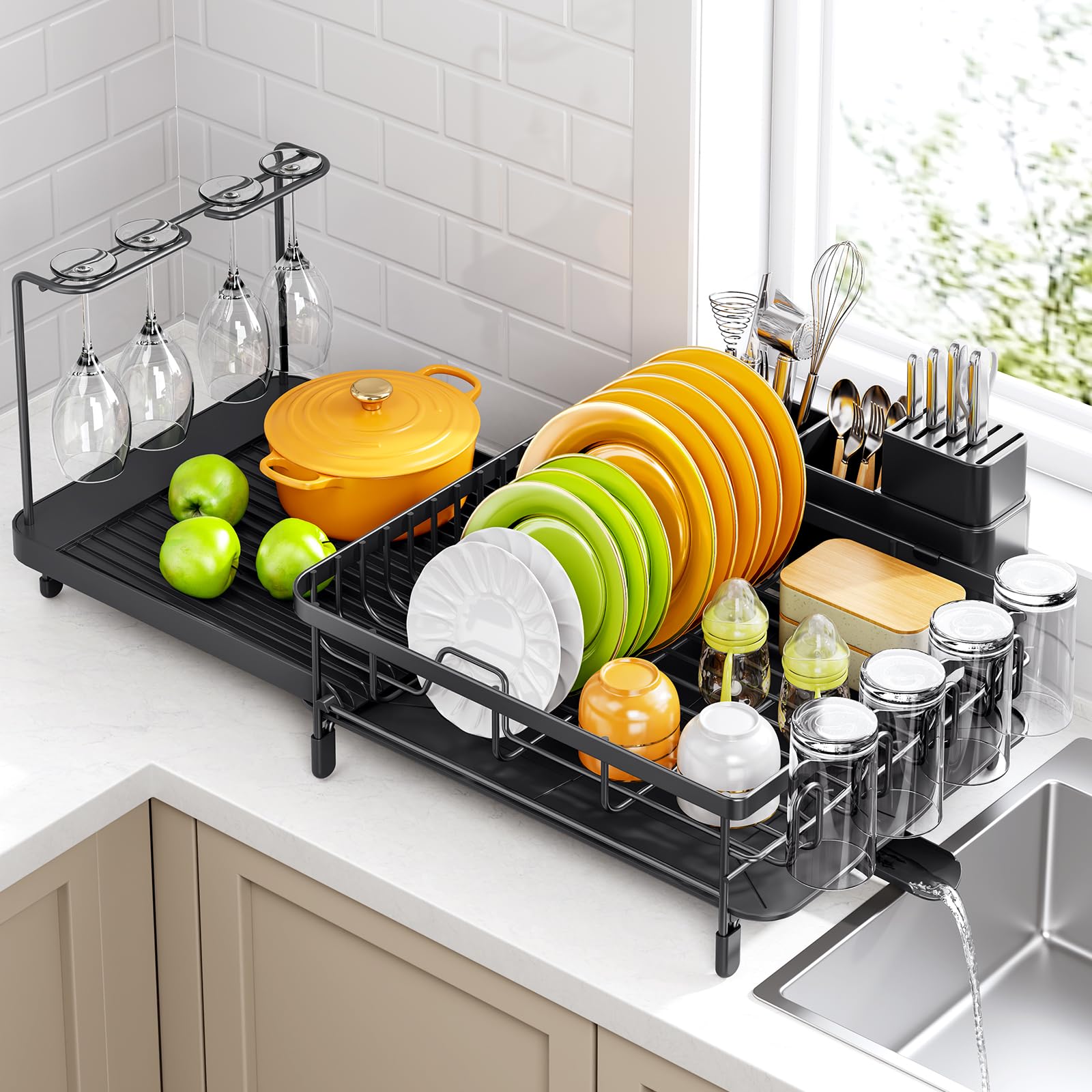 Urackify extendable dish drying rack extended for larger loads on the counter.