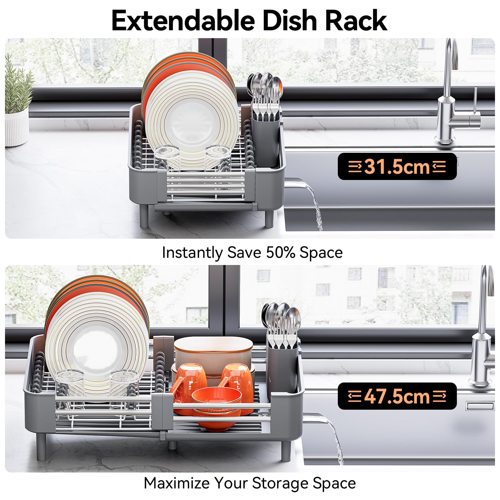 Urackify rack holding plates, bowls, and mugs for tidy drying.