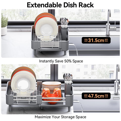 Urackify rack holding plates, bowls, and mugs for tidy drying.