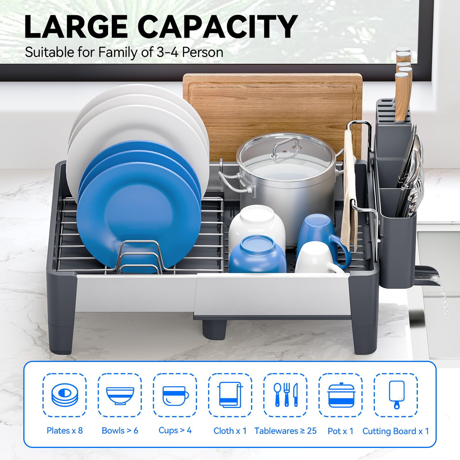Urackify expandable dish drying rack extended length demonstrates capacity for plates and bowls.