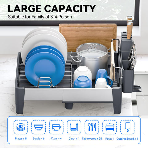 Urackify expandable dish drying rack extended length demonstrates capacity for plates and bowls.