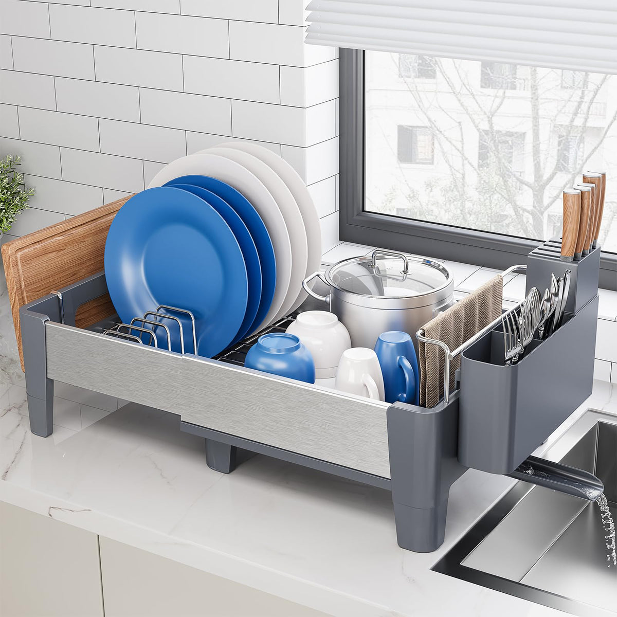 Urackify expandable dish drying rack front view shows space-saving design for small kitchens.