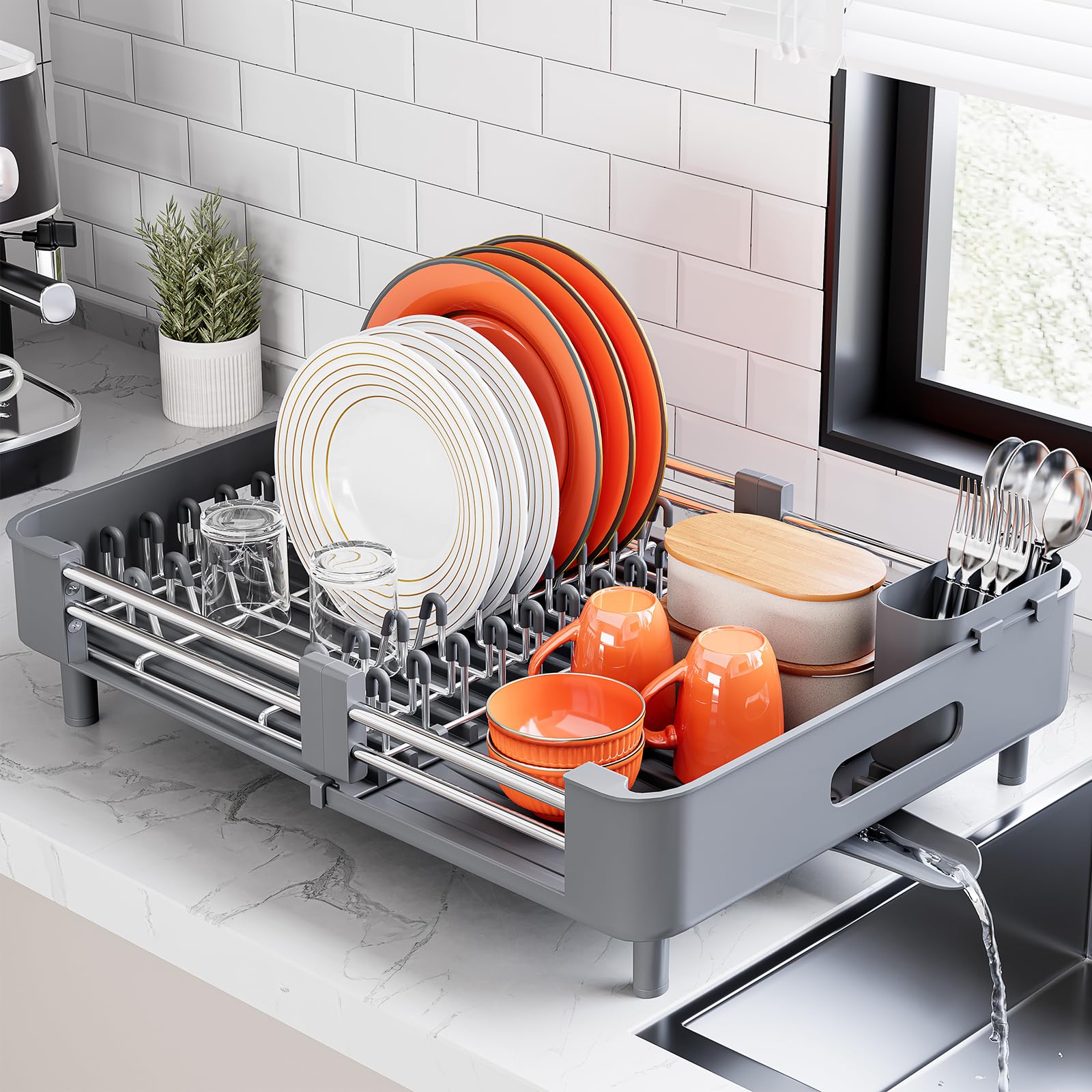 Urackify extendable dish drying rack in action saves counter space.