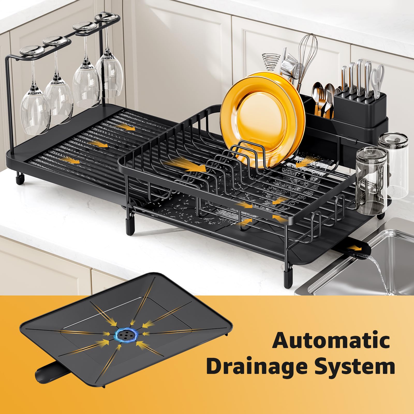 Urackify knife block and 3-compartment holder keep utensils organized during drying.