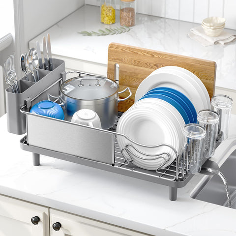 Urackify over-sink stainless rack with left spout for rustproof durability and daily dish drying.