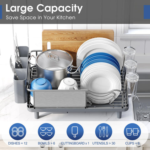Urackify over-sink stainless rack with right spout demonstrating spill-free water flow.