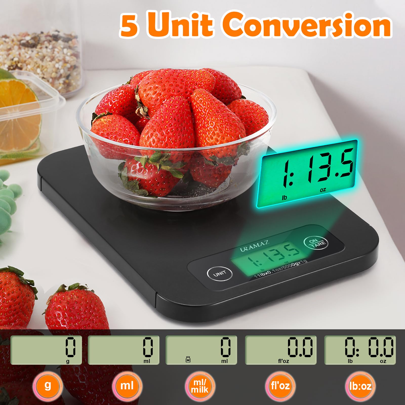 URAMAZ scale in use with a bowl during meal prep