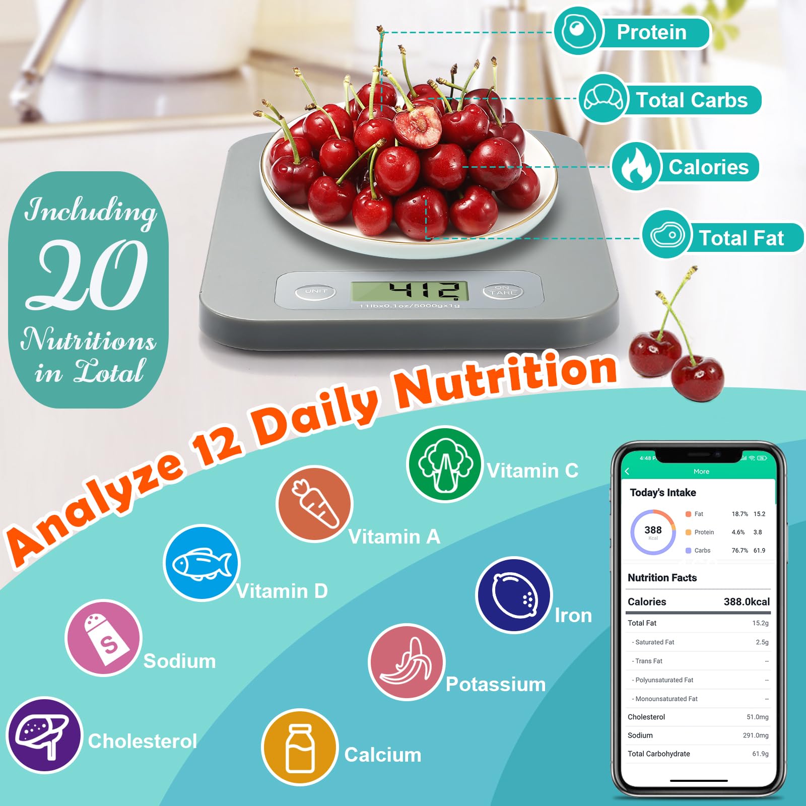 URAMAZ Smart Food Scale digital display for quick nutrient tracking and measurement.