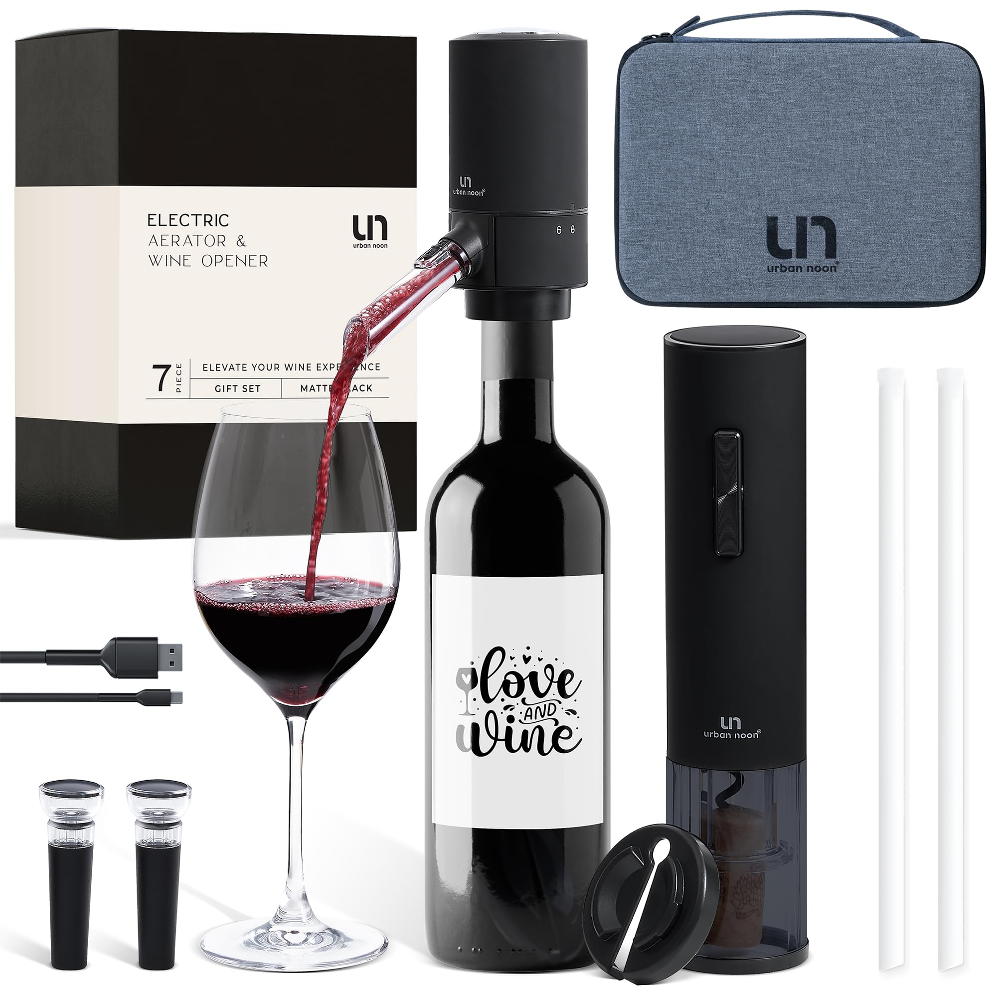 Urban Noon rechargeable wine opener in travel case with matte black finish.