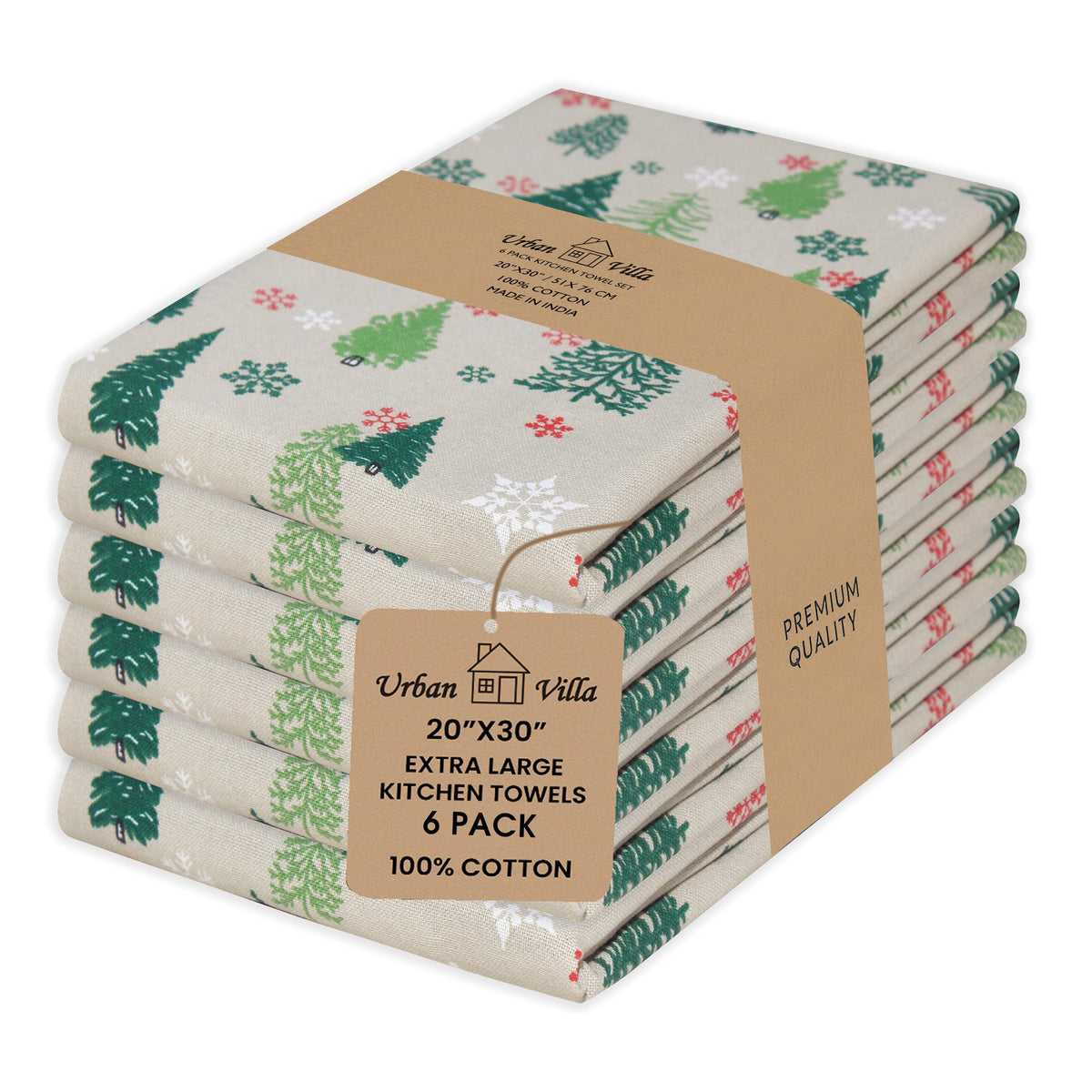 Urban Villa kitchen towel, Christmas green trees print, showing soft, highly absorbent cotton.