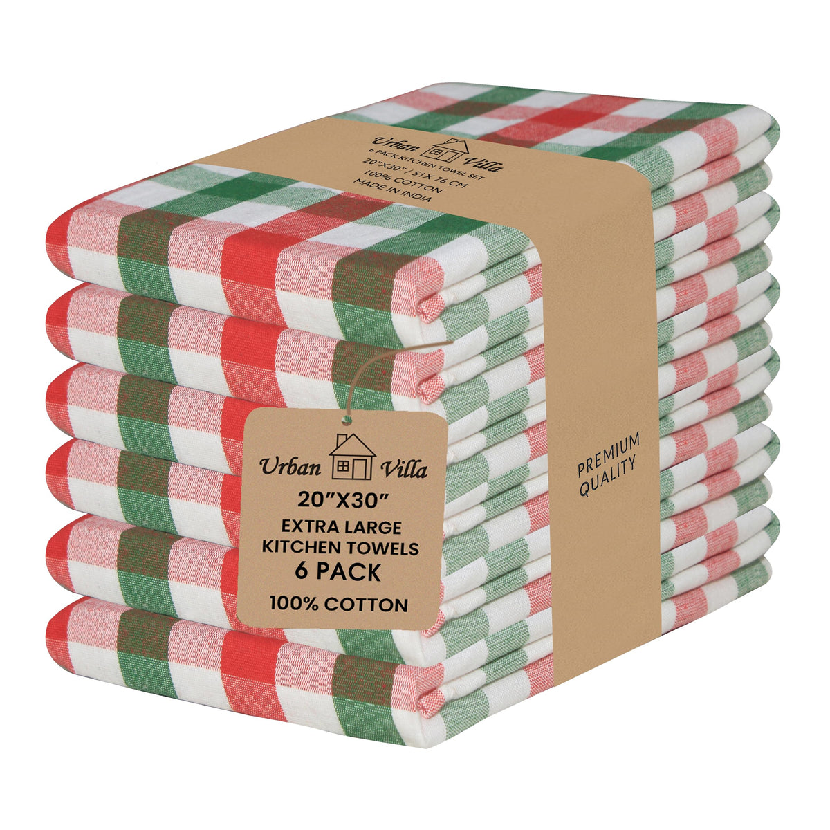 Urban Villa Christmas Kitchen Towels set of 6 with festive checks for everyday drying.