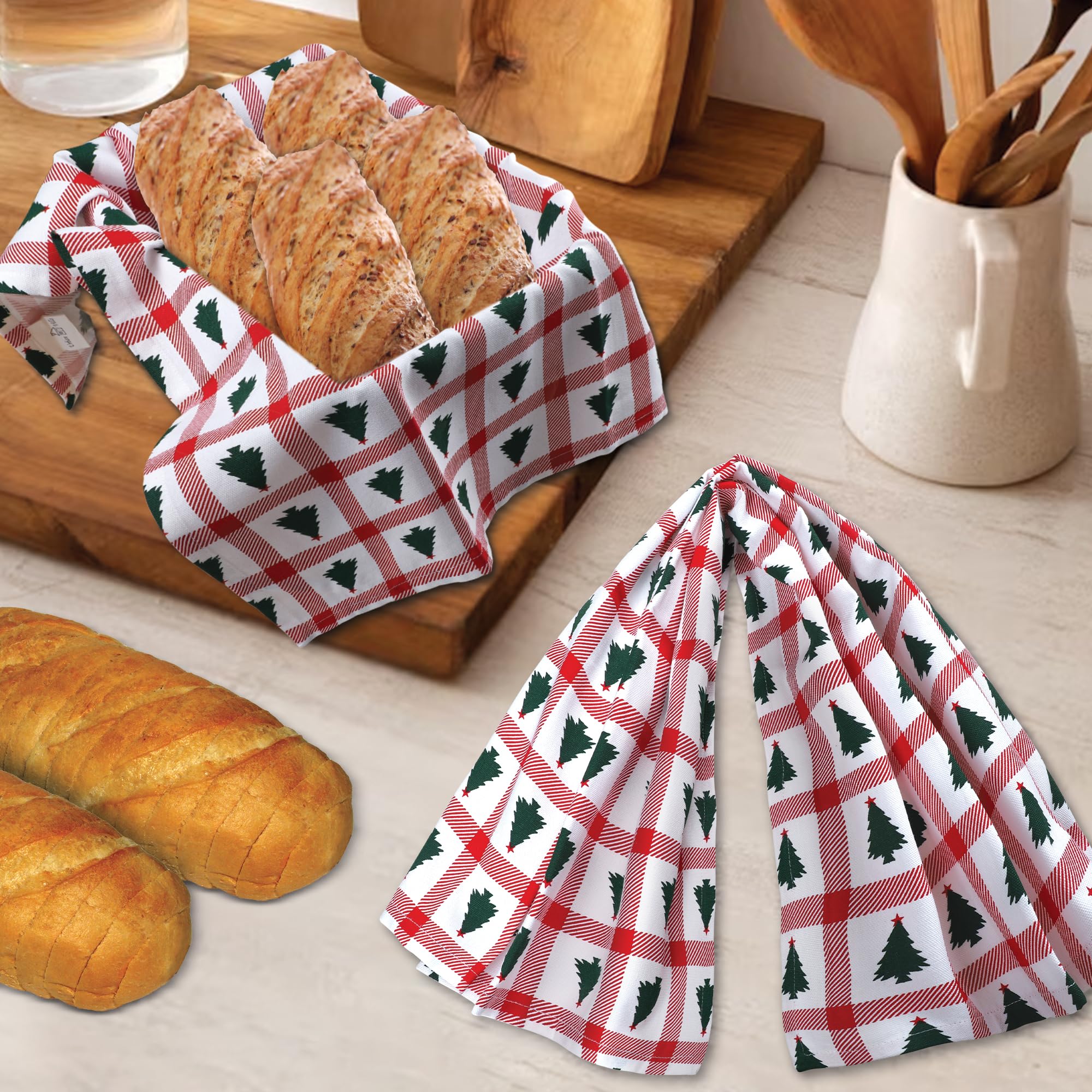 Urban Villa festive dish towel shows durable colorfast print after washing